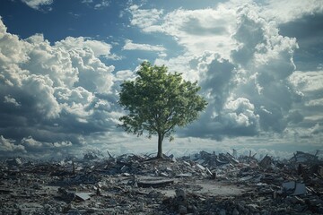 Green tree surrounded by rubble under a cloudy sky in a post-apocalyptic setting. Symbol of life and hope in a desolate landscape. Survival and resilience concept for design and print