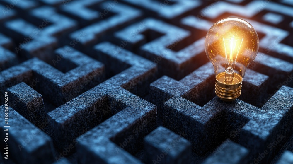 Poster light bulb illuminating a dark maze path, symbolizing innovation, creativity, problem solving, and e