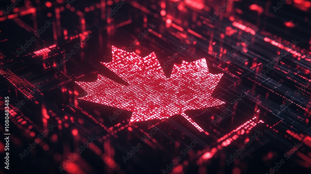 Poster abstract representation of a canadian maple leaf in a digital matrix with red glowing pixels, symbol