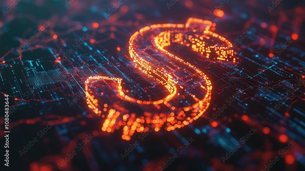 Poster abstract representation of a glowing dollar sign in a digital network environment, symbolizing finan
