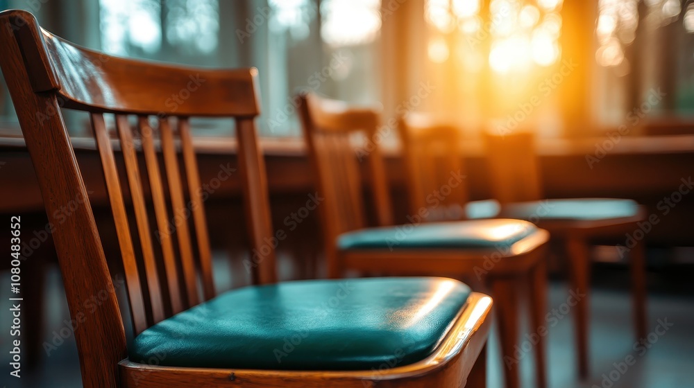 Poster a row of classic wooden chairs in subdued lighting, showcasing intricate design and shadows, creatin