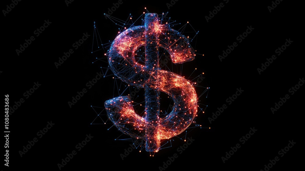 Poster abstract digital illustration of a glowing dollar sign formed by interconnected lines and particles 
