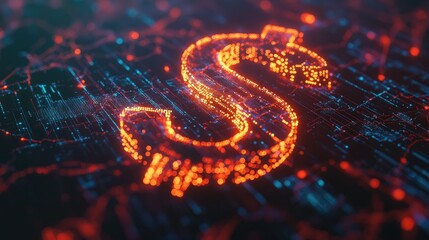 Abstract representation of a glowing dollar sign in a digital network environment, symbolizing finance, technology, and online transactions in a vibrant color scheme.