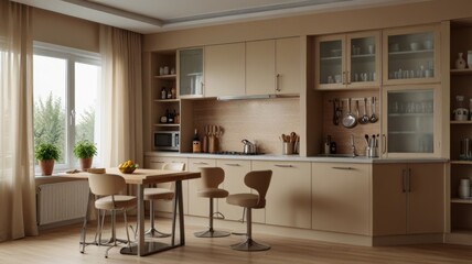 Fototapeta premium A bright and modern kitchen featuring wooden cabinets, a table, and natural light pouring in through the windows, creating a welcoming vibe