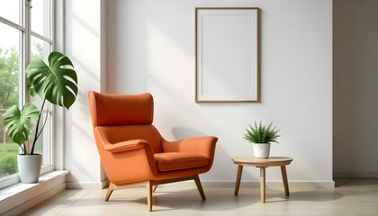 An orange modern armchair in a minimalist living room with a framed artwork on the wall and a small side table with a plant