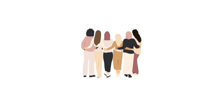 Different women stand side by side together and hug each other.