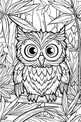 Obraz premium A forest scene coloring page with a owl. Perfect for children's coloring books. Illustrated in black and white outline.