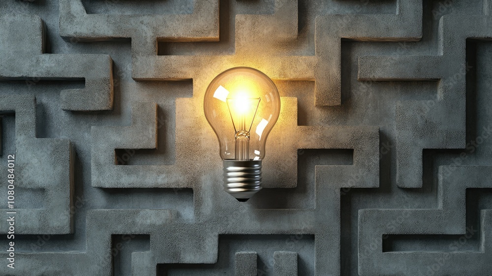 Poster bright idea in a concrete maze: a symbol of creativity and problem-solving illuminating pathways and