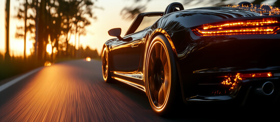 Luxury black convertible sports car driving along a sunlit road at sunset. Closeup of a sleek black convertible car cruises on a scenic road during sunset.