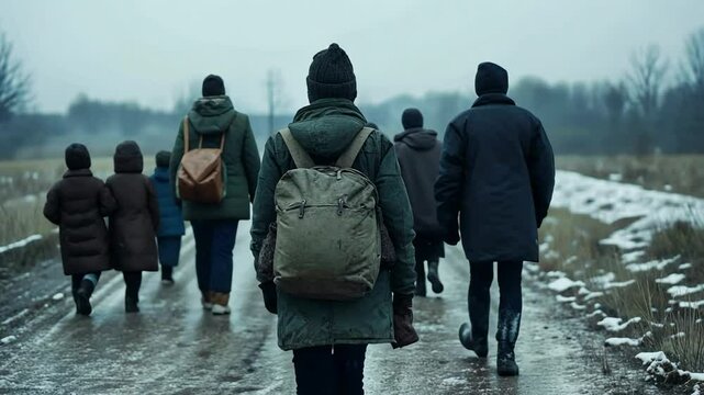 A group of people walks through a snowy landscape, symbolizing migration and resilience