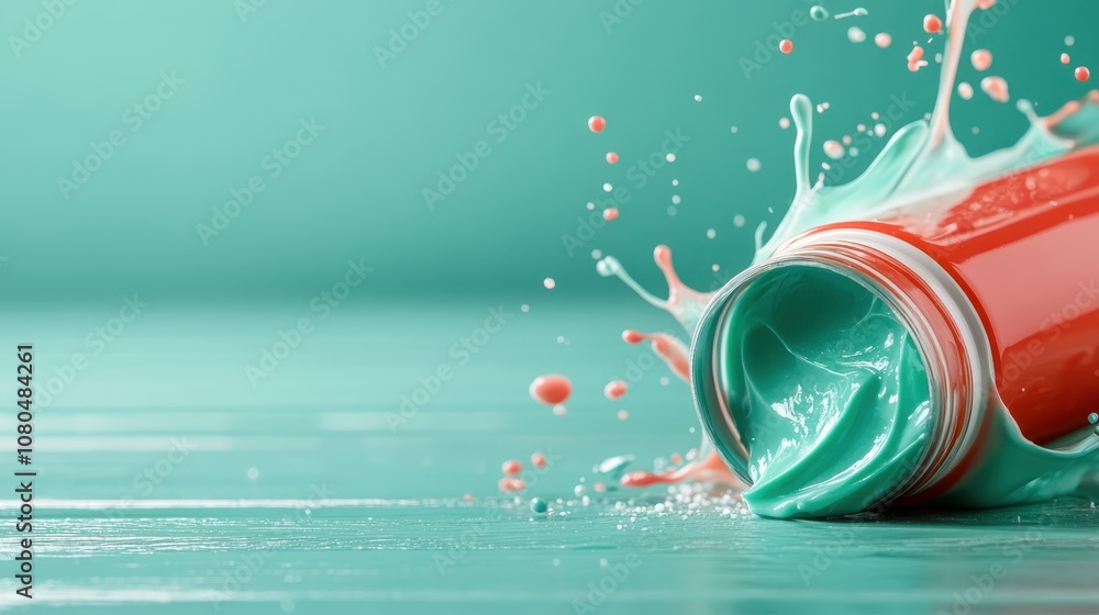 Poster a red paint can tipped over, causing a dynamic splash of teal paint to spread across a vibrant surfa