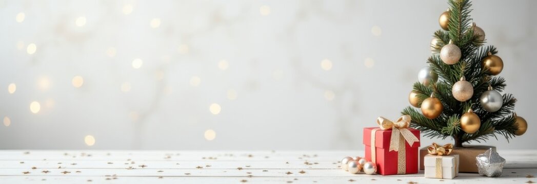 Banner with Christmas gifts, fir tree and New Year lights on a white background. Winter green decor background with copy space for text, advertising, new year card