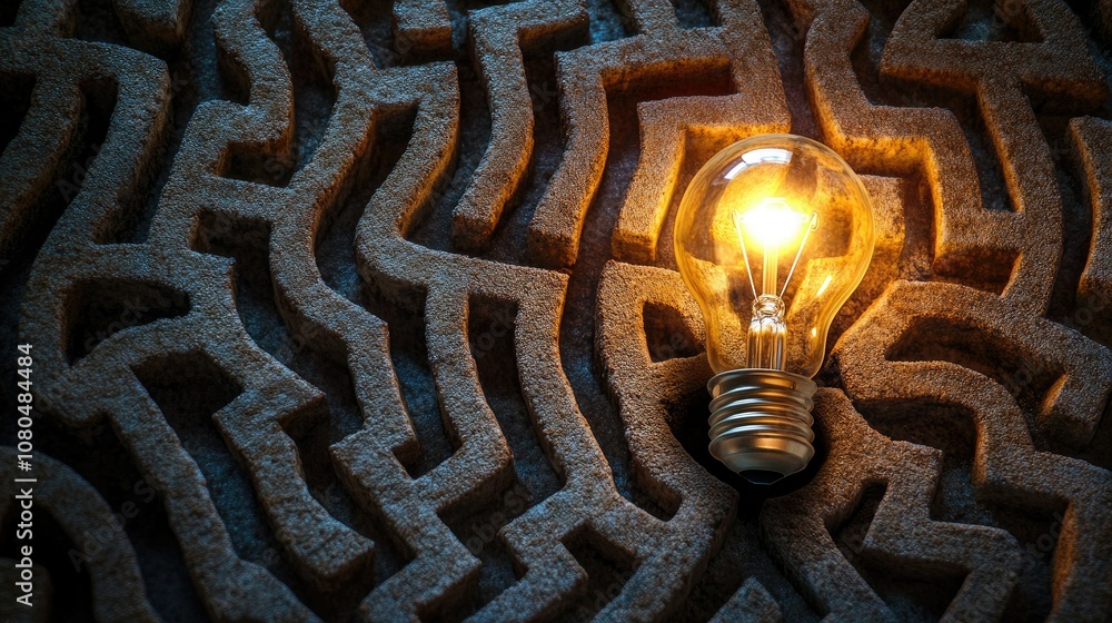 Poster creative light bulb illuminating unique maze pattern on textured surface, symbolizing innovation, pr