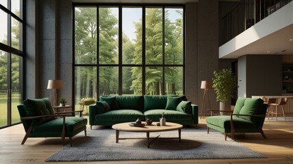 Modern living room with lush green furniture, a round wooden coffee table and large windows inviting natural light and a view of the tranquil greenery outside.