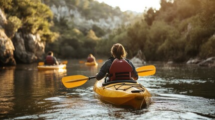 A group of people kayaking down a river in a gorge, with the sun setting in the background.