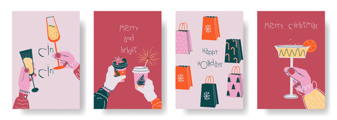 Set of Four Christmas and Holiday Greeting Cards with Retro Style Elements: Hands Holding Drinks, Coffee, Sparklers, and Gift Bags – Festive Vector Illustration
