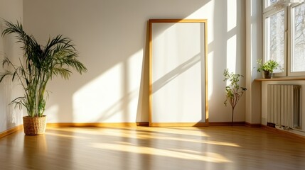 Fototapeta premium An empty room features indoor plants and a large mirror reflecting sunlight, creating a bright and welcoming environment with a focus on minimalism and natural elements.