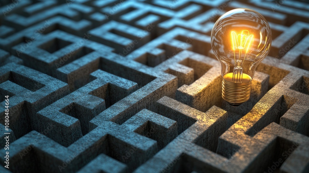 Poster a bright idea illuminating a dark maze symbolizing problem solving, innovation, and creativity in a 