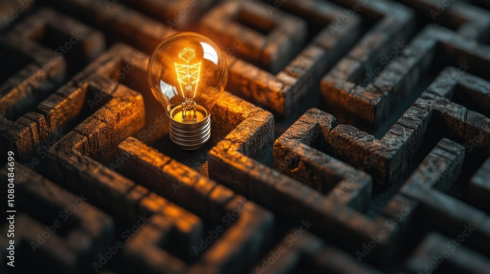Poster an illuminated light bulb standing at the center of a complex maze symbolizes creativity, problem-so