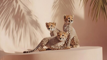 An empty scene featuring blank mockup template filled with cheetah cubs learning to pounce on one another in a playful setting, celebrating family bonds on International Cheetah Day, 