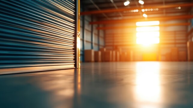 A sunlit industrial warehouse interior with an open shutter door casting long shadows across the concrete floor, creating a warm and inviting atmosphere.