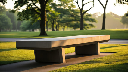 Contemporary Brutalist Concrete Bench Placed in a Serene Green Park, Blending Raw Industrial Design with Natural Elements in Outdoor Setting