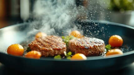 Two juicy beef patties sizzling in a pan, surrounded by vibrant yellow tomatoes, releasing steam, with fresh greens in the background, showcasing a lively scene.