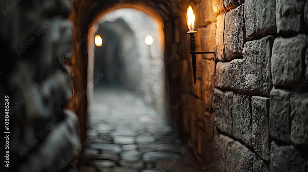 Poster ancient stone tunnel illuminated by flickering torches, creating a mysterious atmosphere.