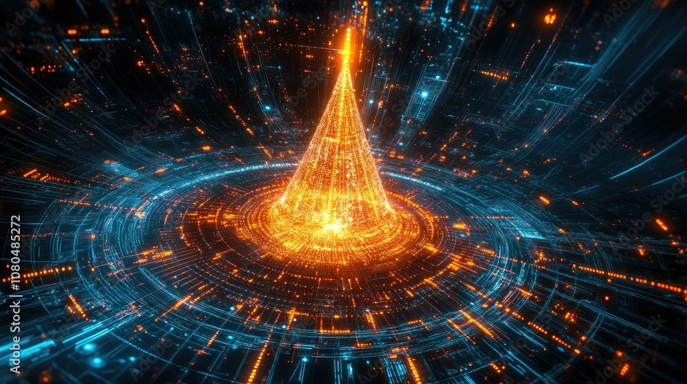 Poster futuristic digital landscape with bright neon pyramid surrounded by vivid light trails and data stre
