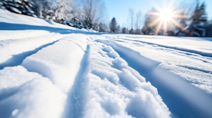 Close-up of fresh snow with tracks in a sunny winter landscape with trees and bright sun rays