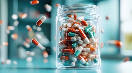 A glass jar is surrounded by floating multicolored capsules. The image captures motion and vibrancy, suggesting a dynamic and energetic approach to health.