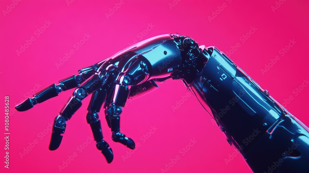 Poster futuristic robotic hand reaching out against a bright pink background, symbolizing technology and in