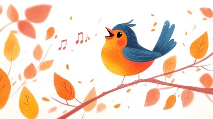 Obraz premium a 2D cartoon illustration of a bird singing on a branch, cheerful and musical, white background--ar 16:9
