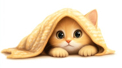 a 2D cartoon illustration of a kitten hiding under a blanket, shy and cute, white background--ar 16:9