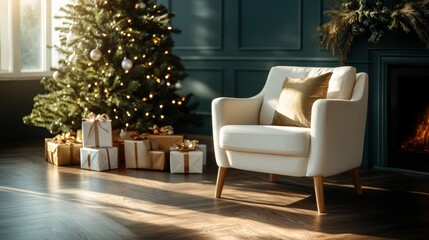 A festive living room featuring a beautifully decorated Christmas tree, sparkling lights, and elegantly wrapped gifts, with a touch of warmth from the fireplace.