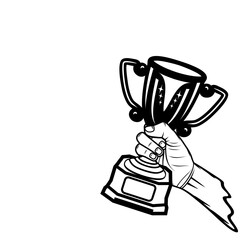 right hand holding an award trophy black and white vector line art