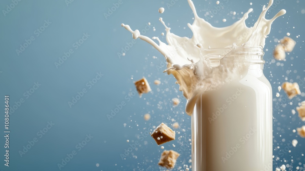 Poster a glass jar of milk splashes energetically against a blue background with cubes floating around, cre