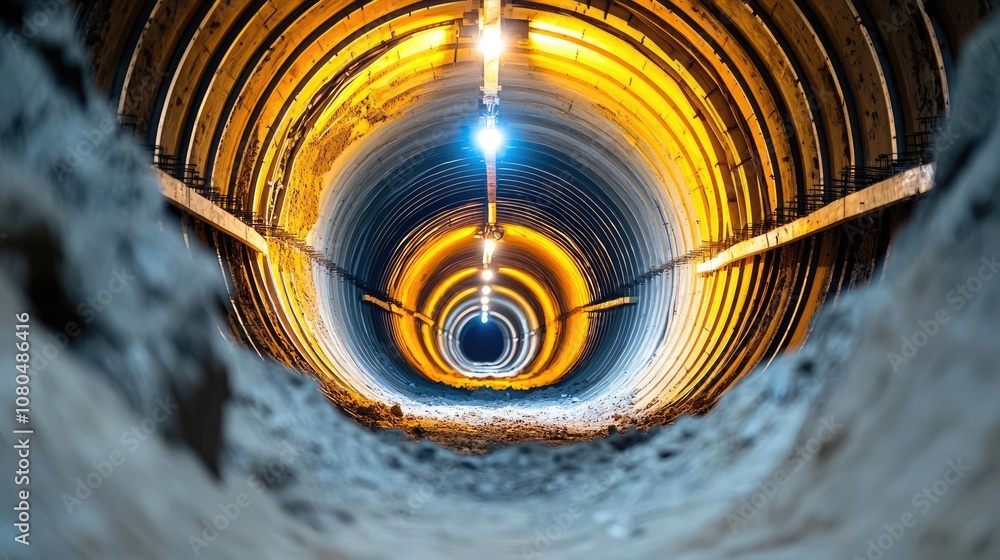 Poster underground tunnel view with illuminated lights and circular structure.