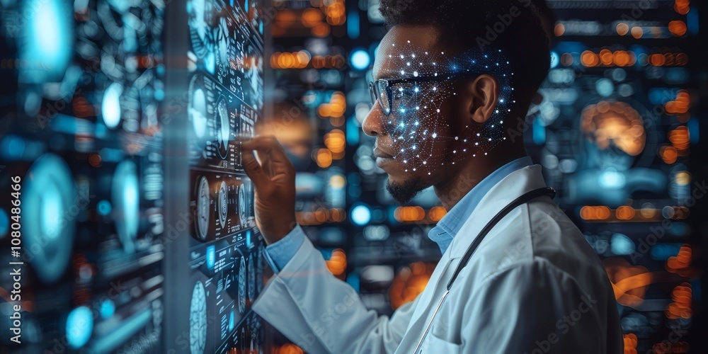 Poster scientist interacting with a futuristic digital interface, with holographic data points illuminating