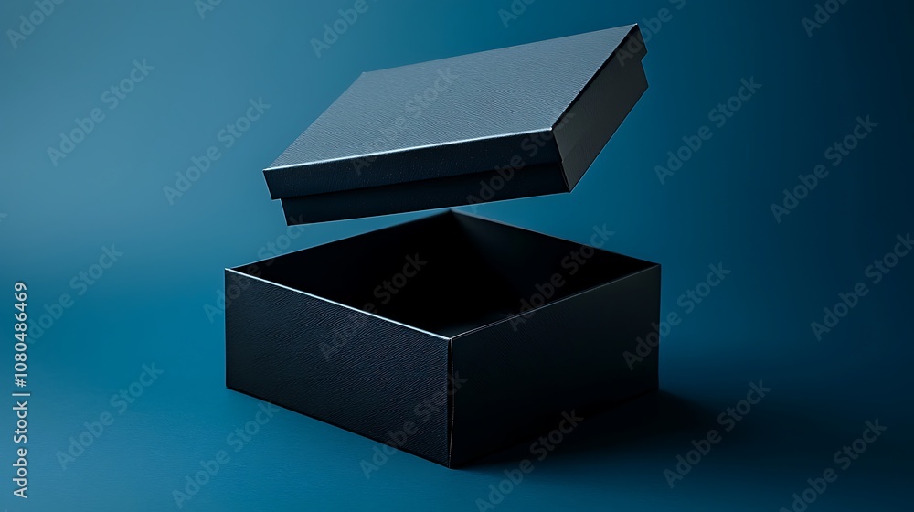 Poster elegant black box with an open lid resting on a deep blue background, showcasing minimalistic design