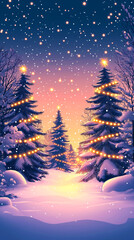 Illustration of beautiful winter landscape with snow-covered pine trees adorned with warm holiday lights and glowing stars atop of the trees. Holiday season and tranquility of Christmas evening