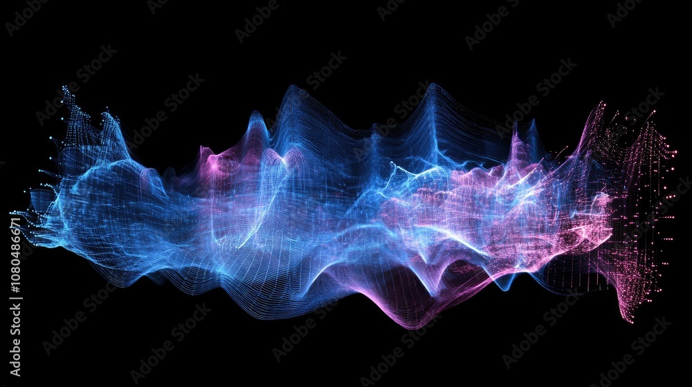 Poster abstract waveform visualization of sound frequencies in vibrant blue and pink colors on a black back