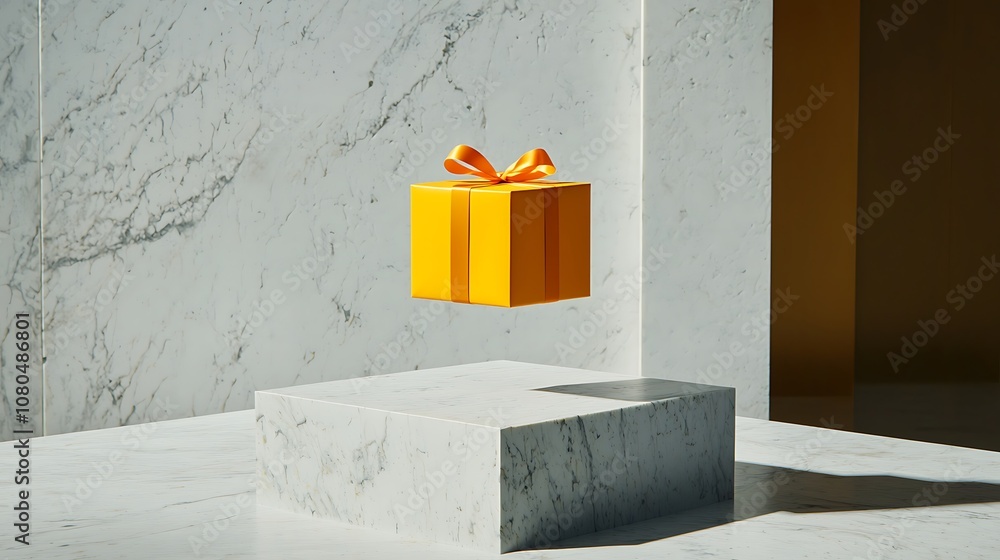 Poster bright yellow gift box hovering above a marble block with elegant lighting in a modern minimalist se