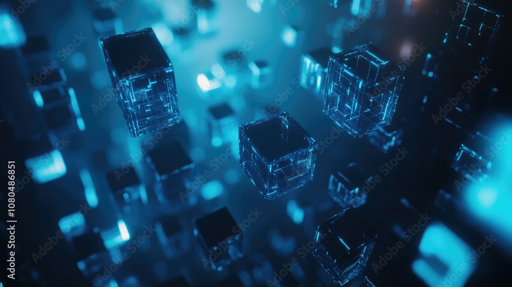 Poster abstract representation of glowing blue cubes floating in a digital space, showcasing a futuristic a