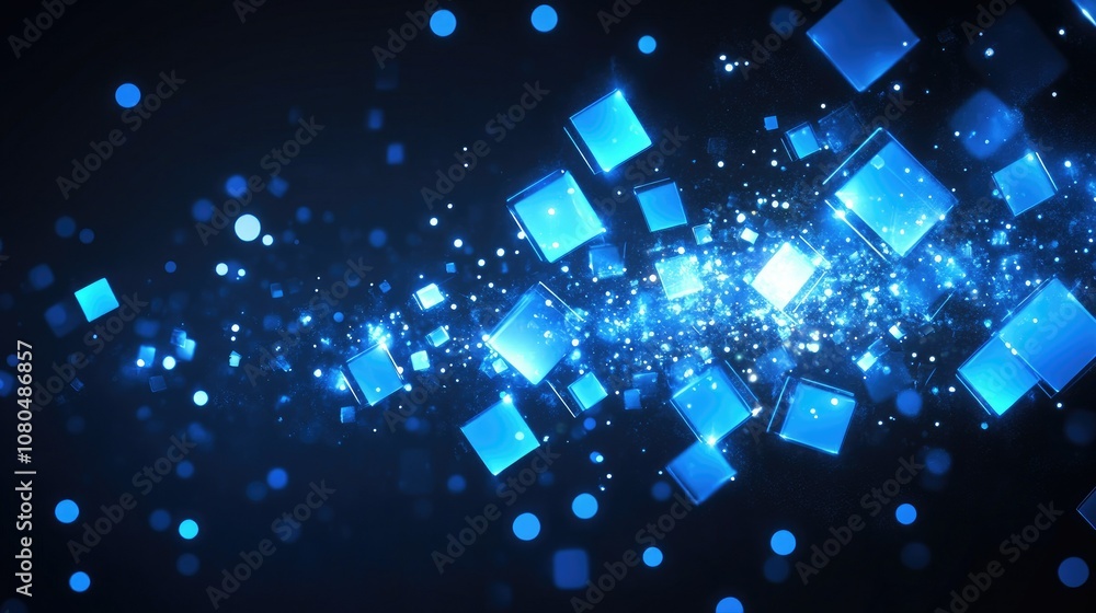 Poster abstract visual representation featuring floating blue squares and luminous particles against a dark
