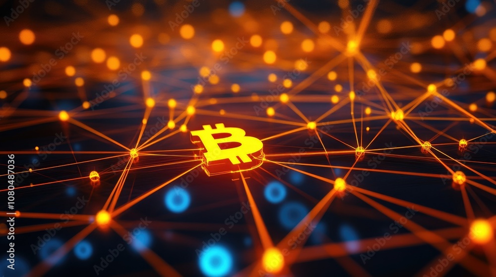 Poster abstract digital illustration of bitcoin symbol surrounded by a network of glowing nodes and connect