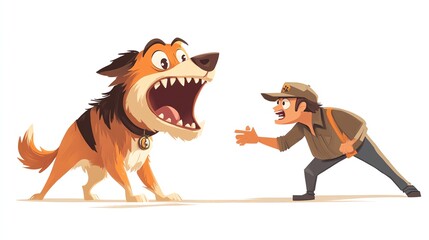 a 2D cartoon illustration of a dog barking at a mailman, protective and loud, white background--ar 16:9