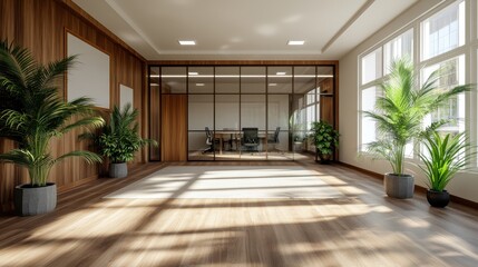 A contemporary office space with smooth wooden walls on one side and a glass wall separating a meeting room, adorned with potted indoor plants for freshness.