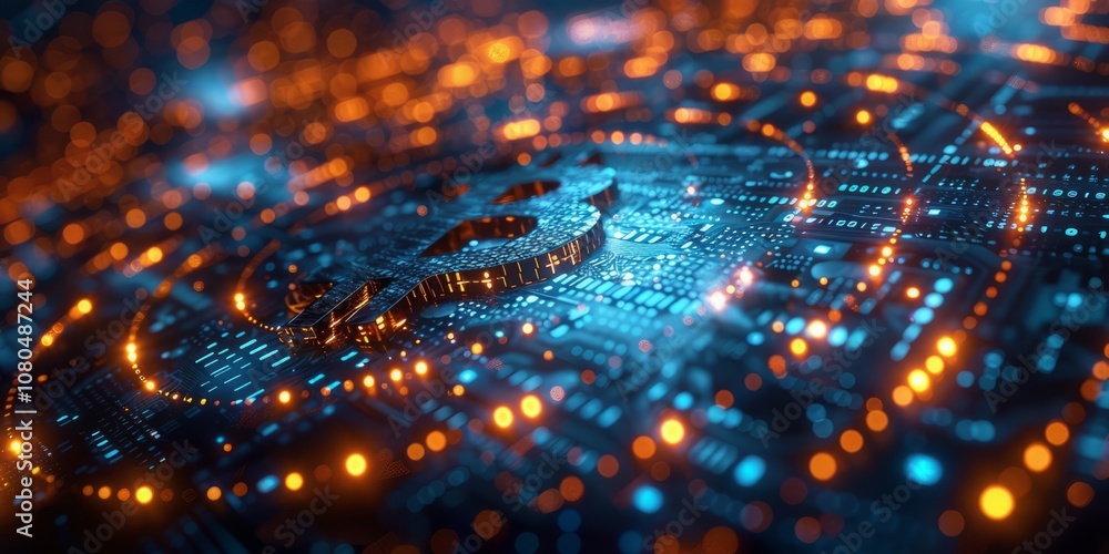 Poster bitcoin symbol illuminated on a digital grid, representing cryptocurrency networks, blockchain techn
