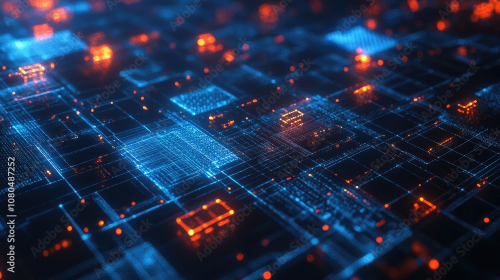 Poster abstract digital network with glowing blue and orange circuits, representing technology advancement,
